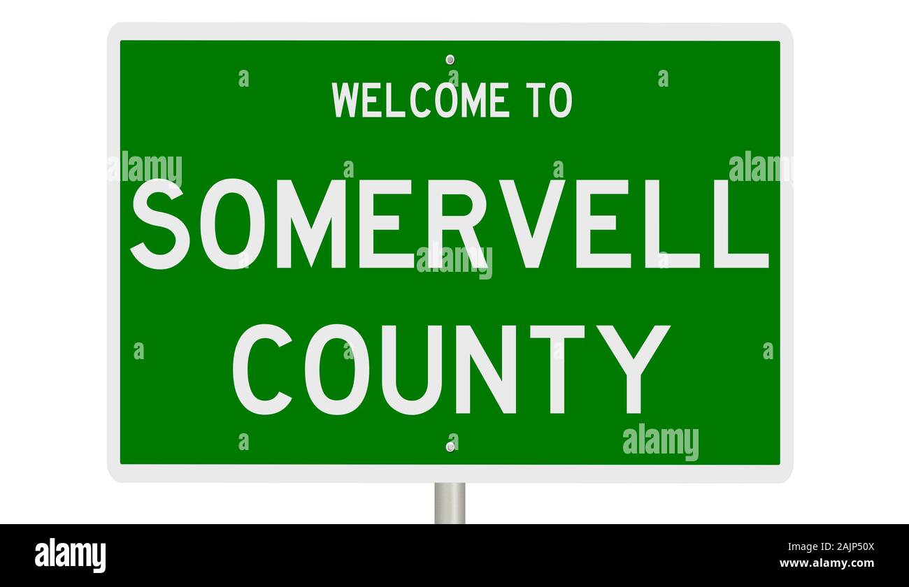 Rendering of a green 3d highway sign for Somervell County Stock Photo