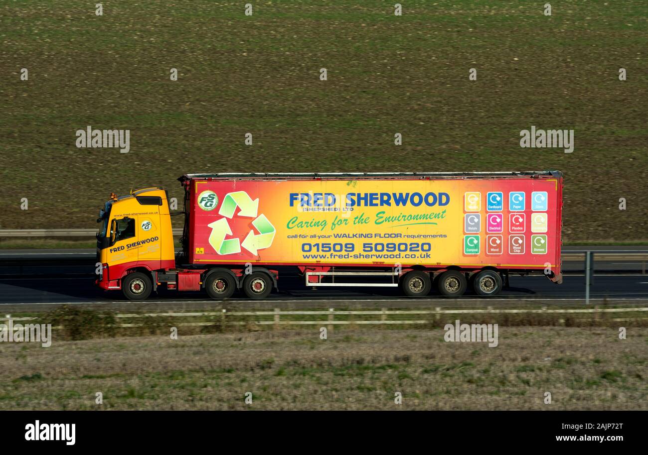 Fred Sherwood lorry on the M40 motorway, Warwickshire, UK Stock Photo