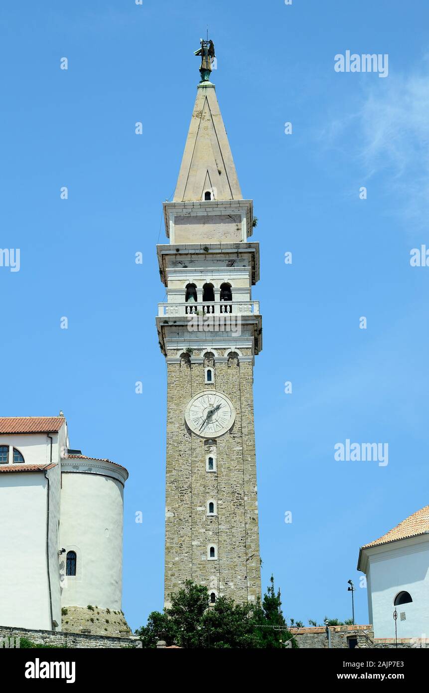 Slovenia, Piran, bell tower of St. George cthedral in the pictoresque ...