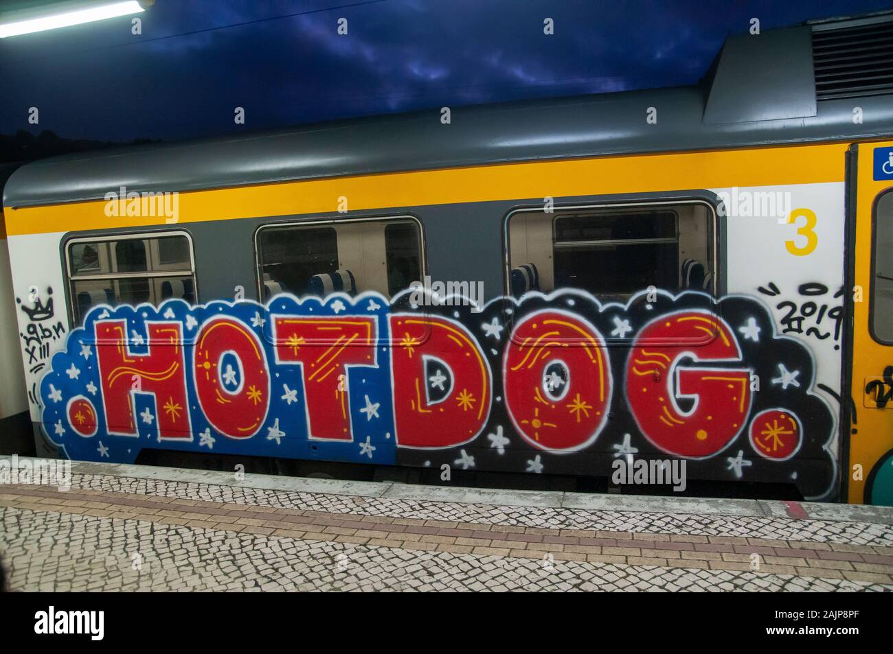 Graffiti painted on a train. Photographed in Sintra train station, Portugal Stock Photo