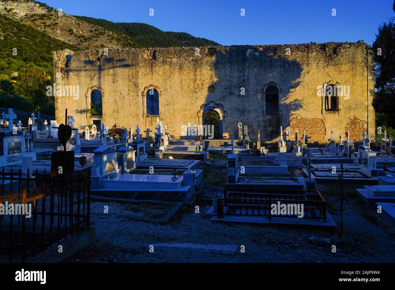 Abandoned Rural parish church and local cemetery on the Island of Cephalonia, Ionian Sea, Greece Stock Photo