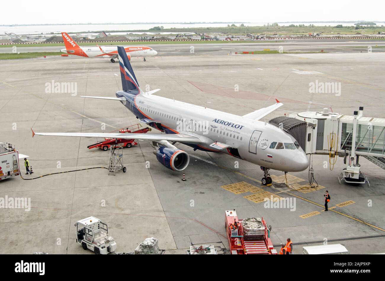 VENICE, Italy - MAY 22, 2019:  Aeroflot Airbus A320-214 parked at Marco Polo Airport, Venice. The plane is named after the mathematician Andrey Kolmog Stock Photo