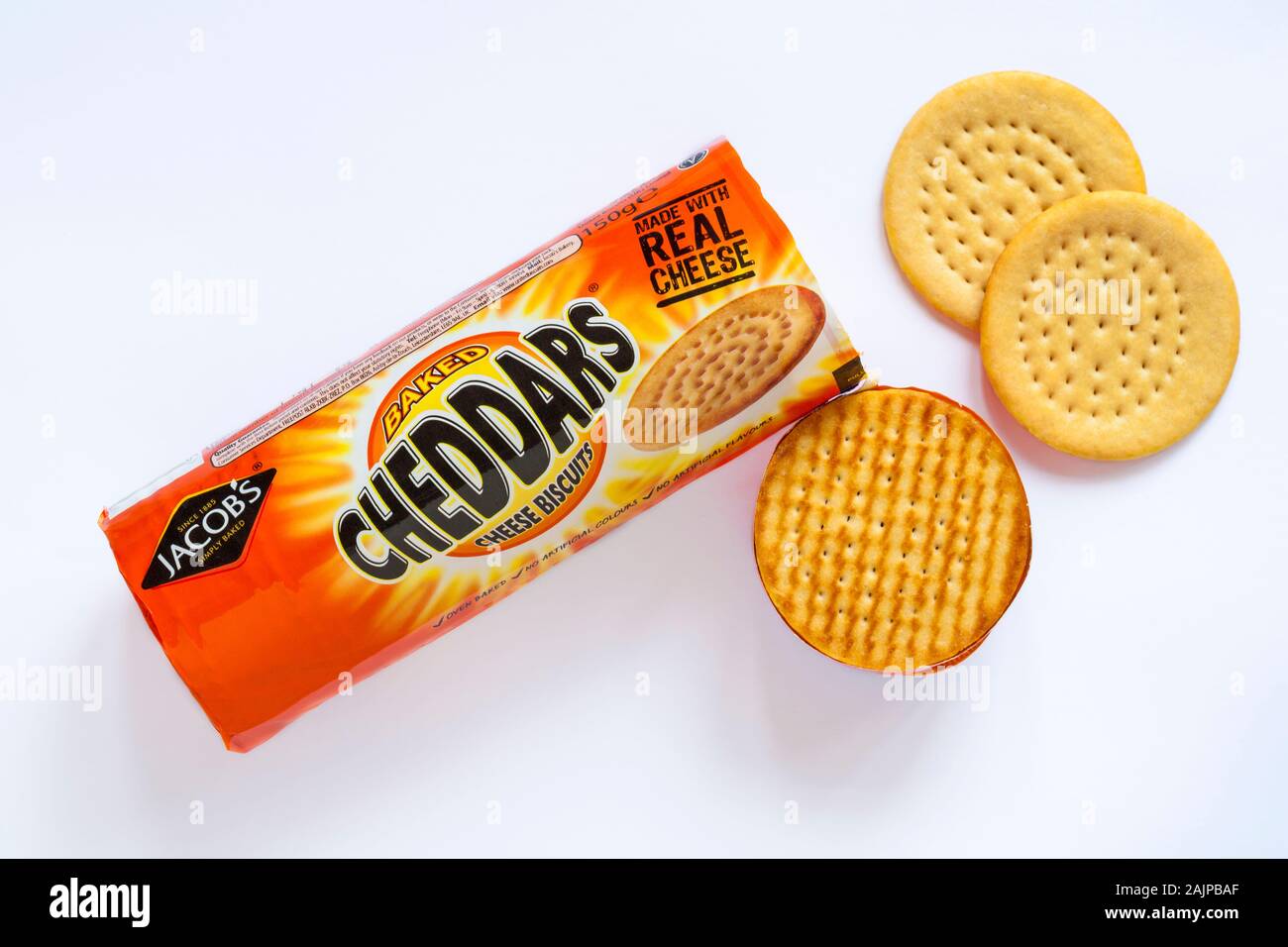 Packet of Jacob's Cheddars, baked Cheddars cheese biscuits, opened to show contents isolated on