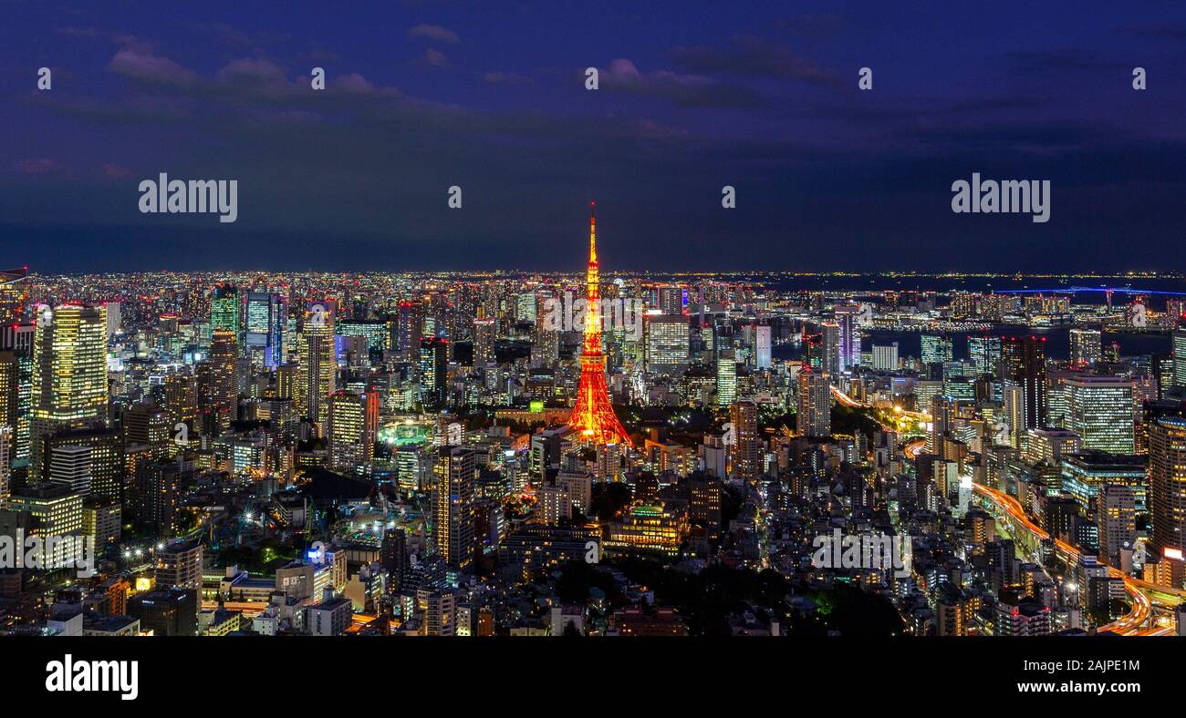 Panorama of the Tokyo skyline at dusk Stock Photo