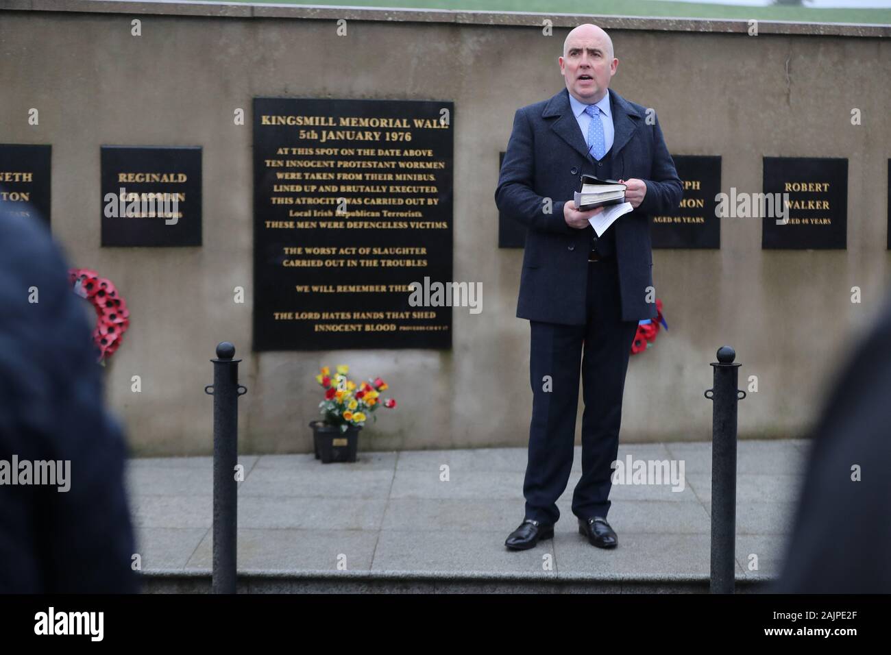 Pastor Barrie Halliday speaking at the Kingsmill memorial service at the scene of the atrocity in Co Armagh. Stock Photo