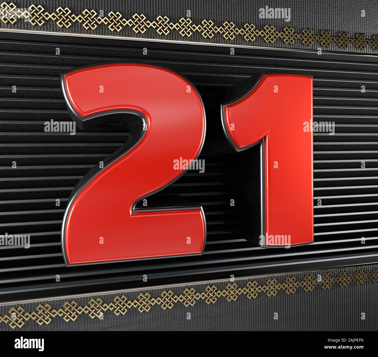 Red number 21 (number twenty-one) with golden symbols endless knot. 3D illustration Stock Photo