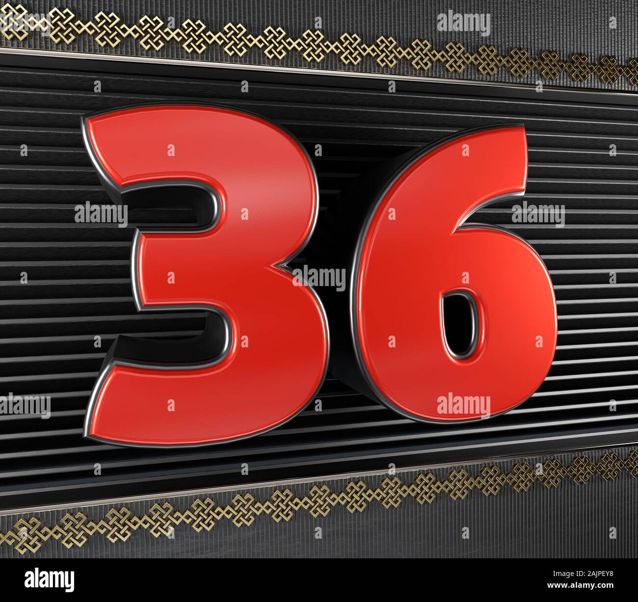 Red number 36 (number thirty six) with golden symbols endless knot 3D Red number 36 (number thirty six) with golden symbols endless knot 3D