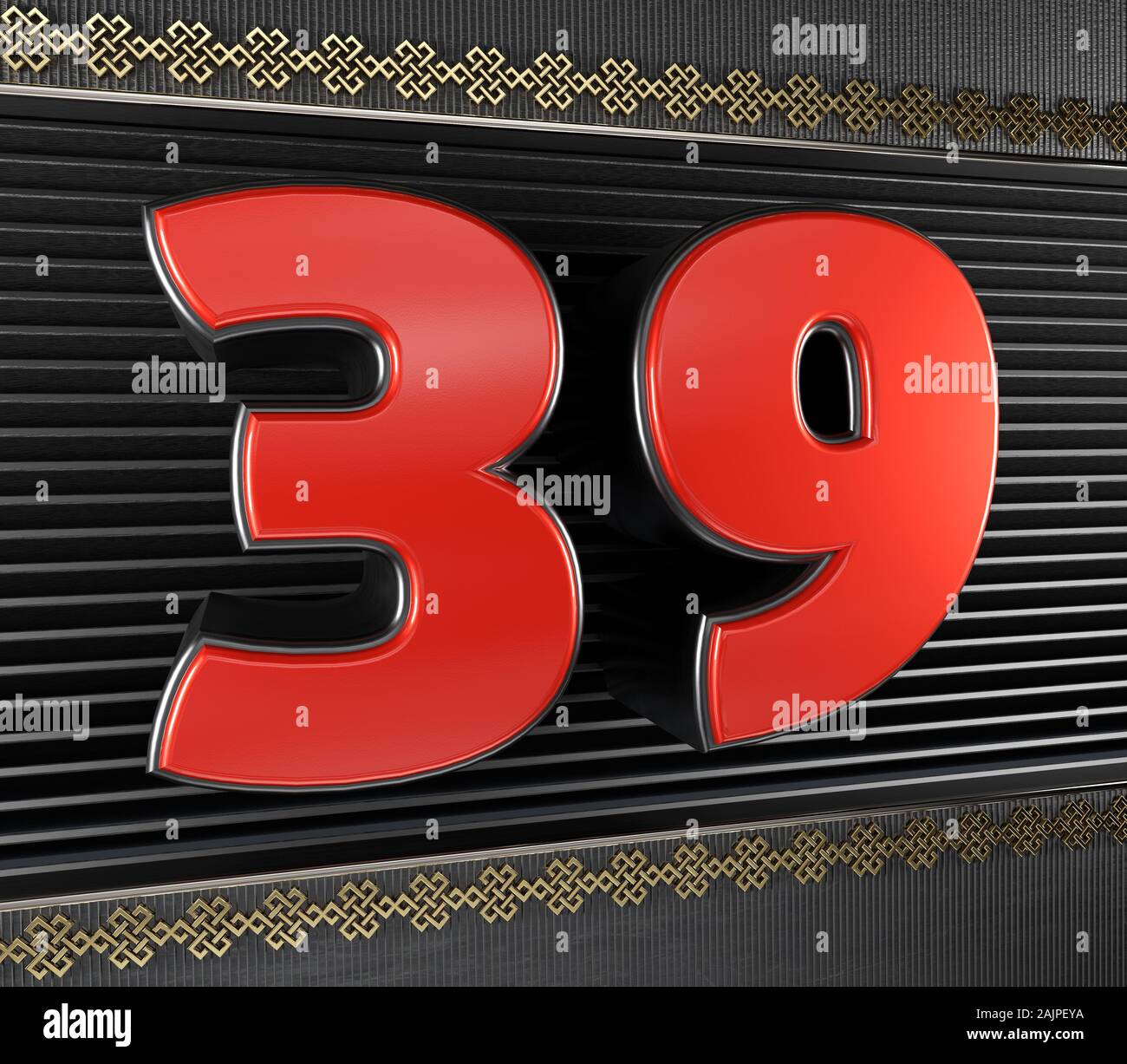 Red number 39 (number thirty-nine) with golden symbols endless knot. 3D illustration Stock Photo