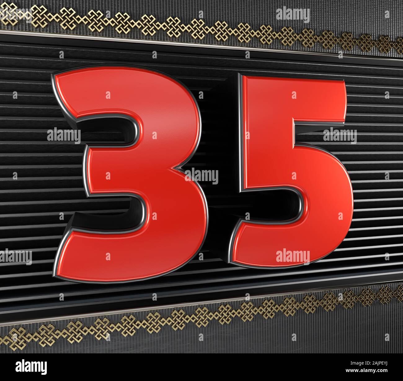 Red number 35 (number thirty five) with golden symbols endless knot 3D Red number 35 (number thirty five) with golden symbols endless knot 3D