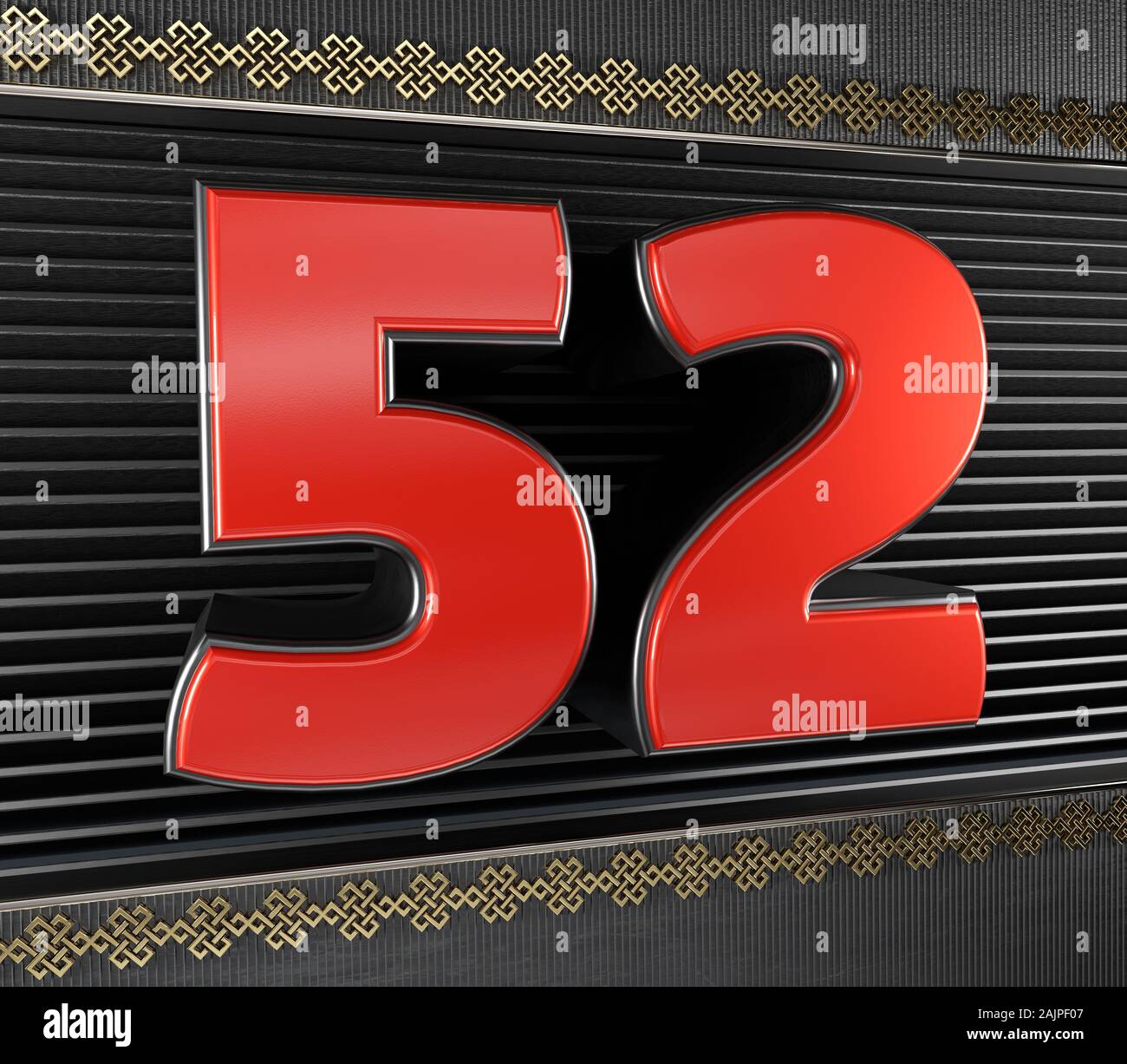 Red number 52 (number fifty-two) with golden symbols endless knot. 3D