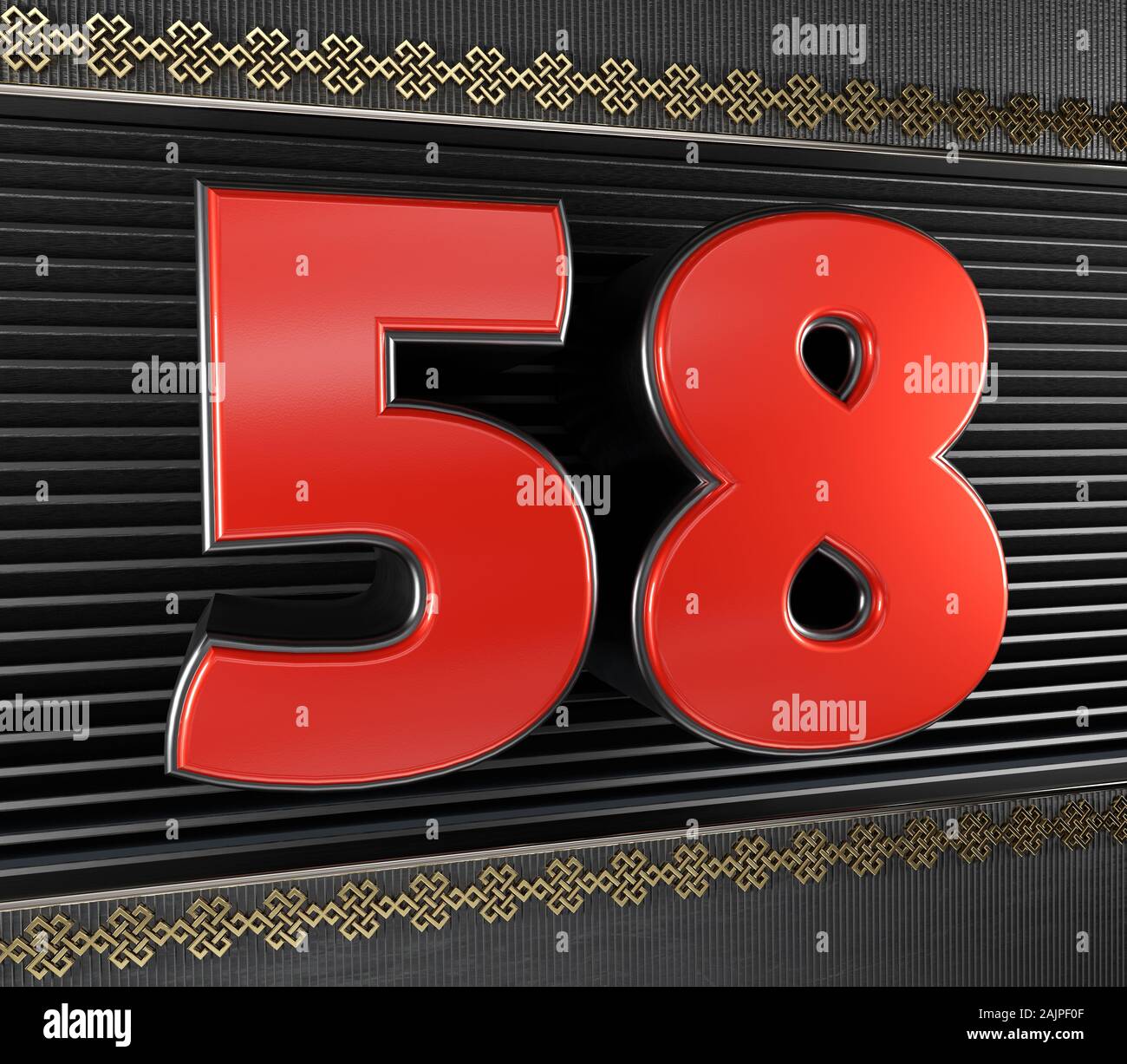 Red number 58 (number fifty-eight) with golden symbols endless knot. 3D