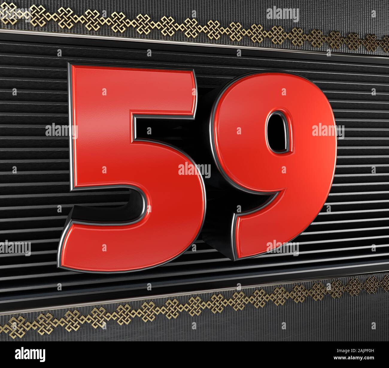 Red number 59 (number fifty-nine) with golden symbols endless knot. 3D