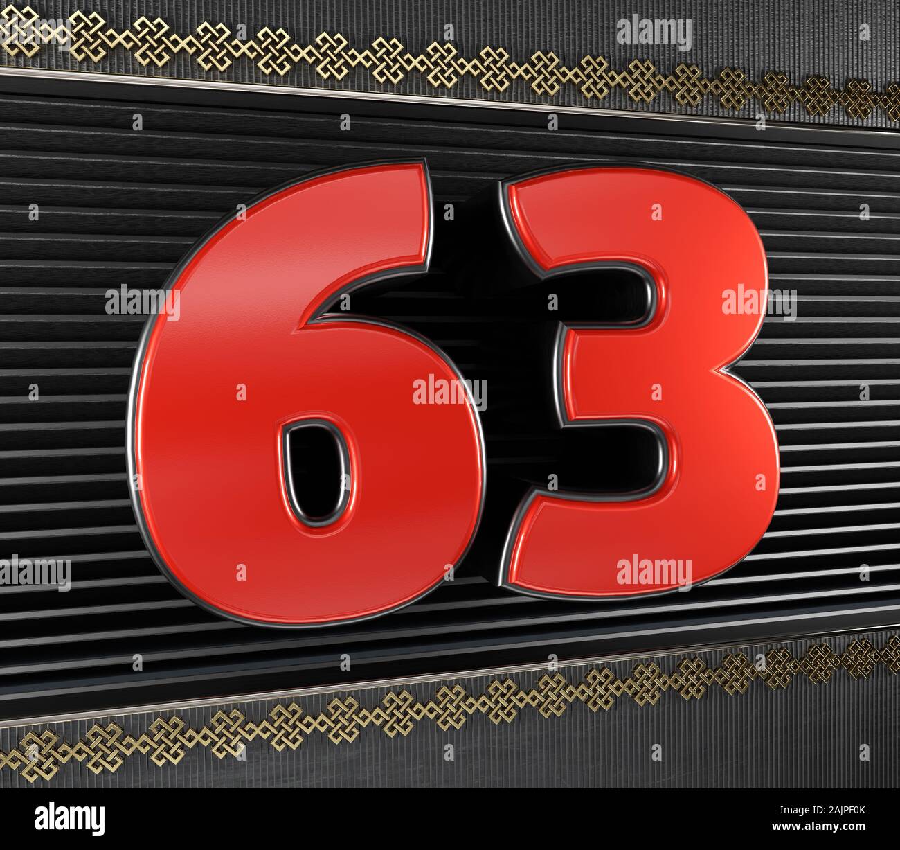 Red number 63 (number sixty-three) with golden symbols endless knot. 3D illustration Stock Photo