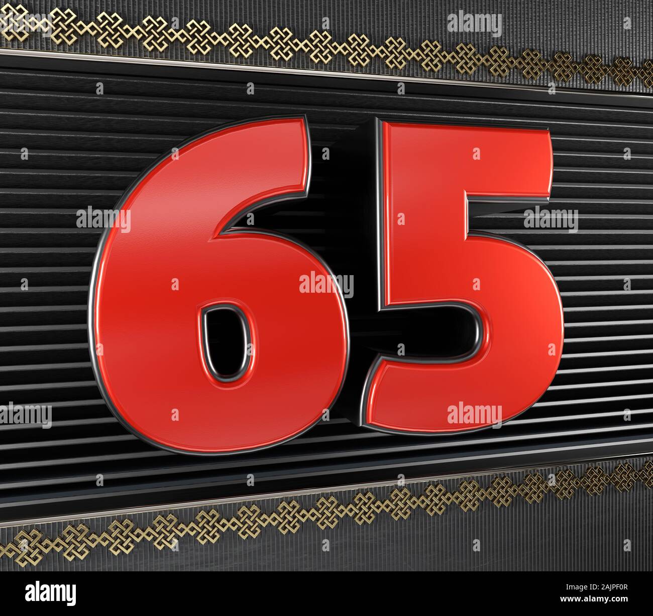 Red number 65 (number sixty-five) with golden symbols endless knot. 3D