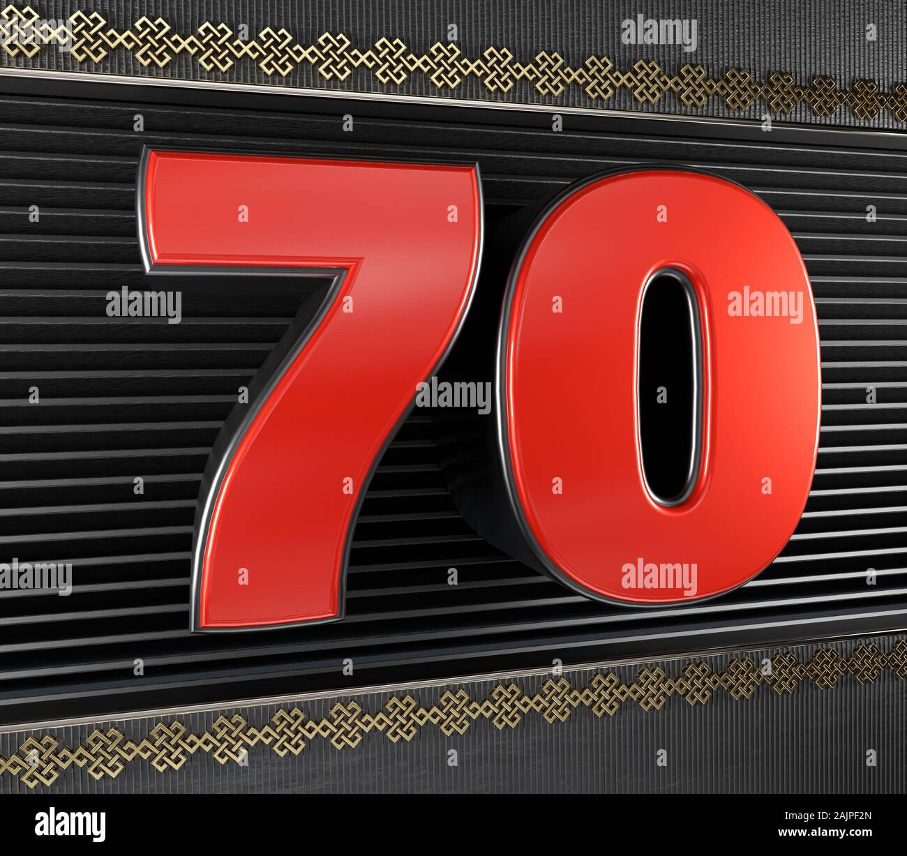 Red number 70 (number seventy) with golden symbols endless knot. 3D illustration Stock Photo