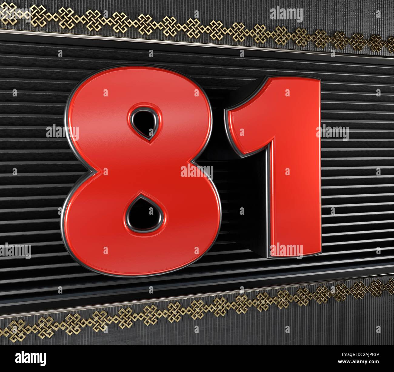 Red number 81 (number eighty-one) with golden symbols endless knot. 3D illustration Stock Photo