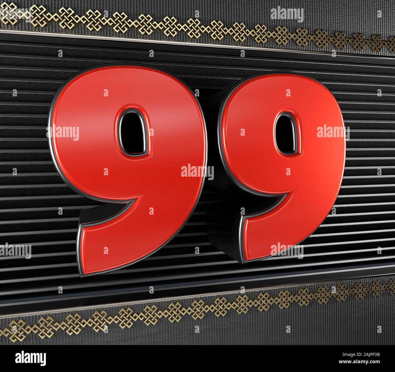 Red number 99 (number ninety-nine) with golden symbols endless knot. 3D