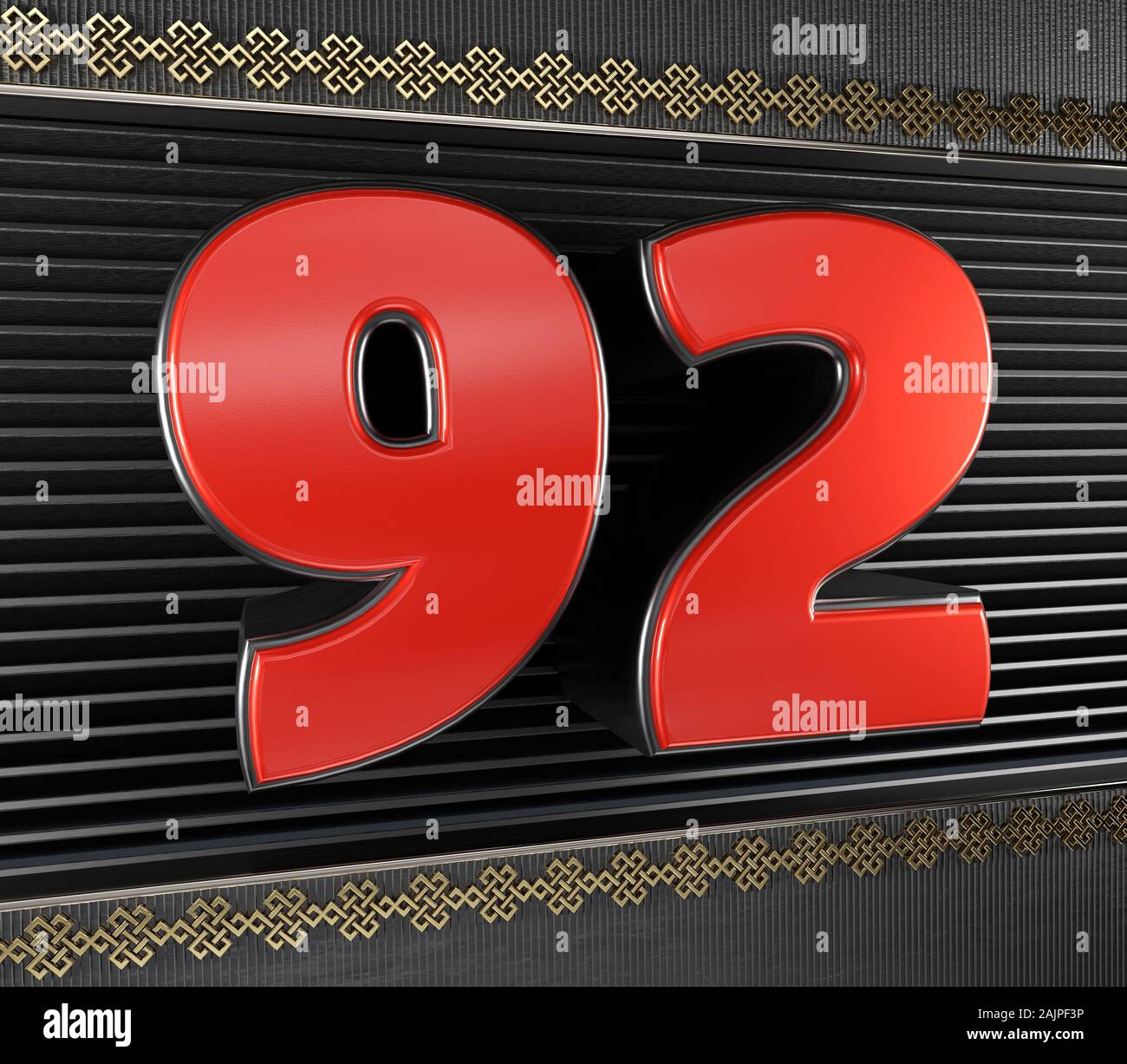 Red number 92 (number ninety-two) with golden symbols endless knot. 3D