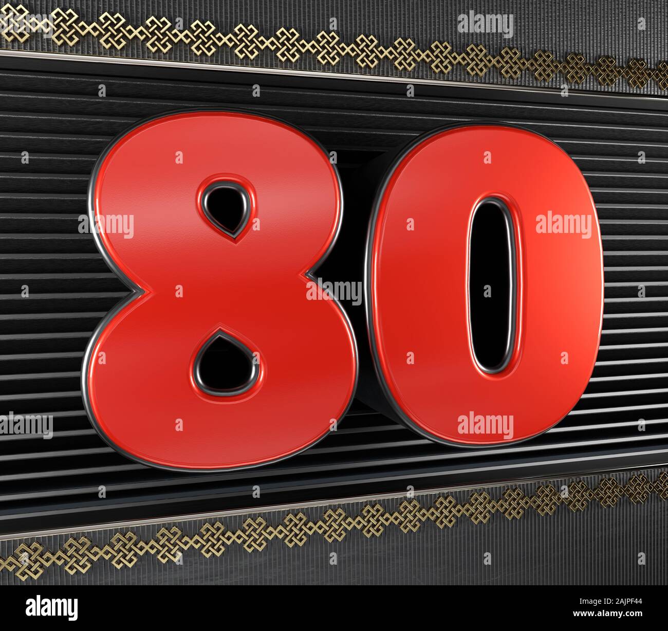 Red number 80 (number eighty) with golden symbols endless knot. 3D illustration Stock Photo
