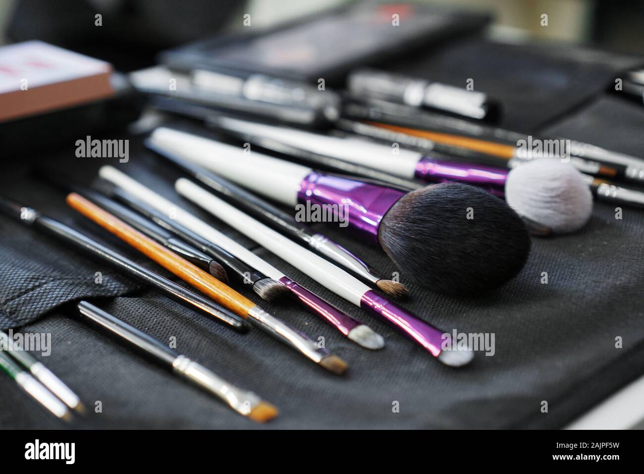 Makeup brushes set in case. Many different makeup brushes. Stock Photo