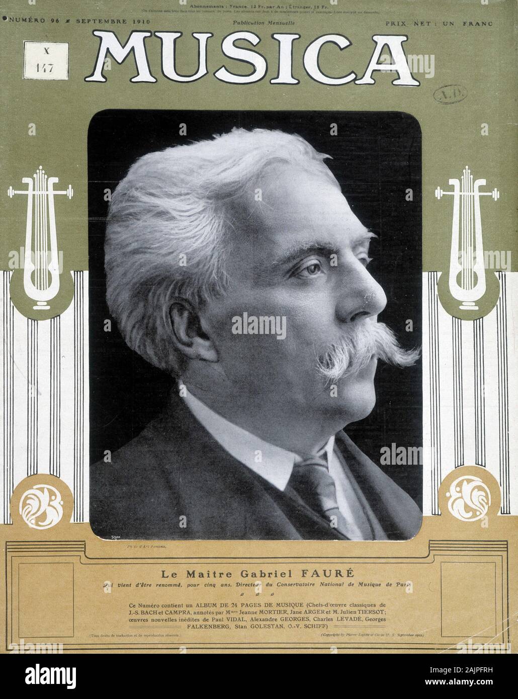 portrait de Maitre Gabriel Faure (1845-1924), couverture de 'Musica', n¡ 96 de septembre 1910. Stock Photo