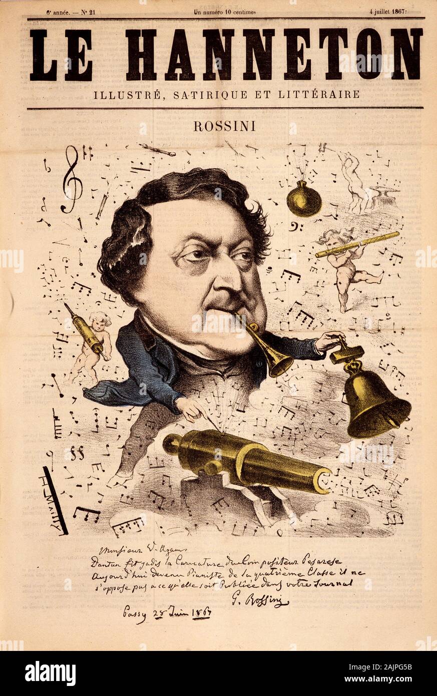 Portrait de Gioacchino Rossini (1792-1868) - in 'Le Hanneton' du 04/07/1867 Stock Photo