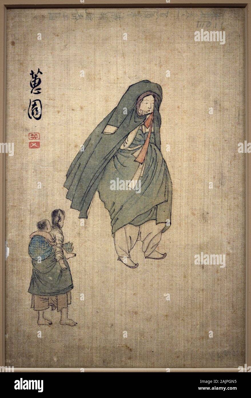 Femme emmitouflee dans son manteau, passant a cote de deux enfants. Peinture de Shin Yunbok (vers 1758-1813), encre sur papier, 18e siecle, art coreen Stock Photo