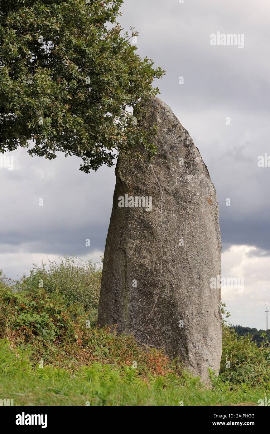 Menhir of Kergornec - megalithic monument near Saint-Gilles-Pligeaux village, department Cotes-d'Armor, Brittany, France Stock Photo