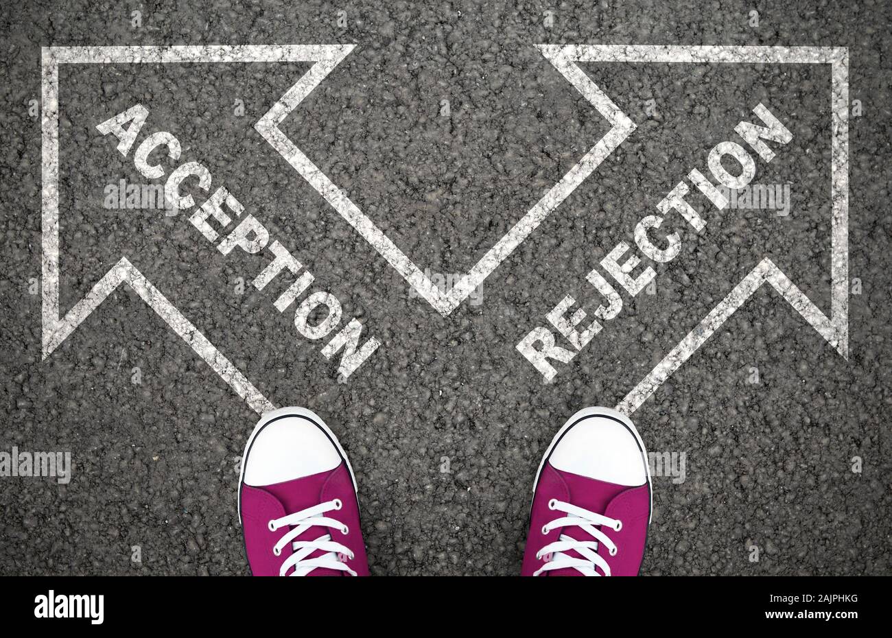 Acception Or Rejection Decision At Crossroad. Approved or Disapproved, Yes and No, Right or Wrong Destination Stock Photo