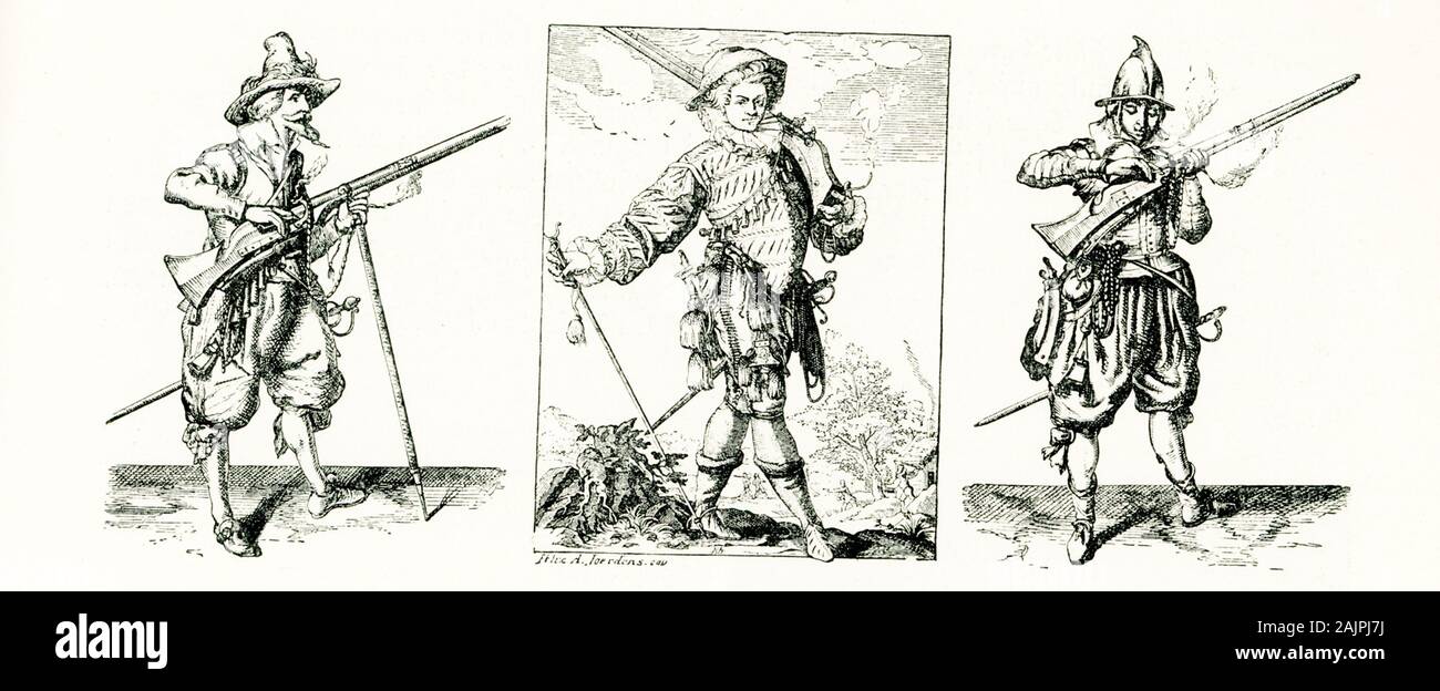 These drawings of Musketeers and Arquebusiers date to the early 1900s and show musketeers and arquebusiers. The original engravings were by Felix M. Joerdens. Stock Photo