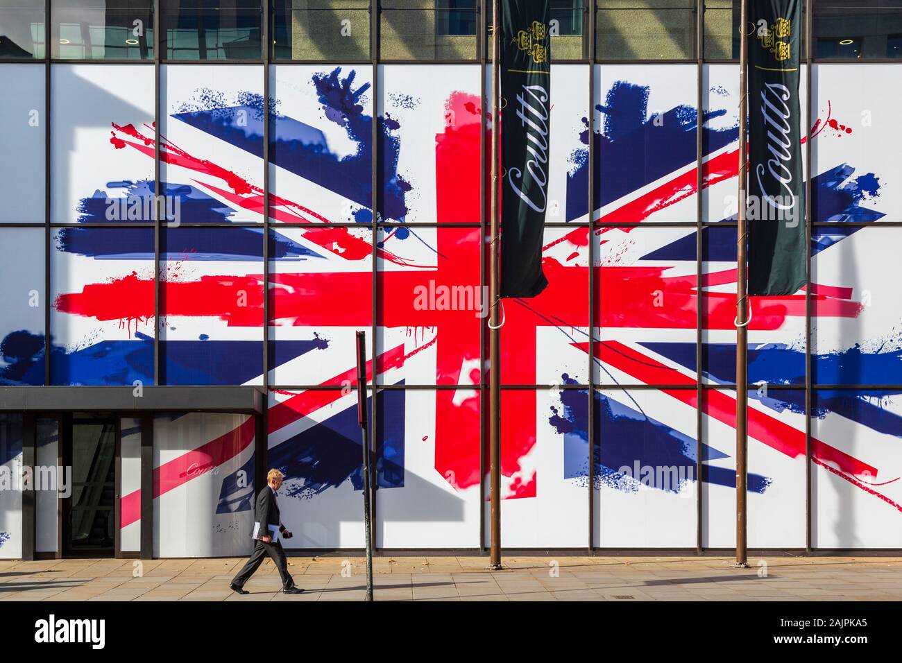 Giant Union Flag in the window of Coutts bank in the Strand, London, England, United Kingdom, Europe Stock Photo