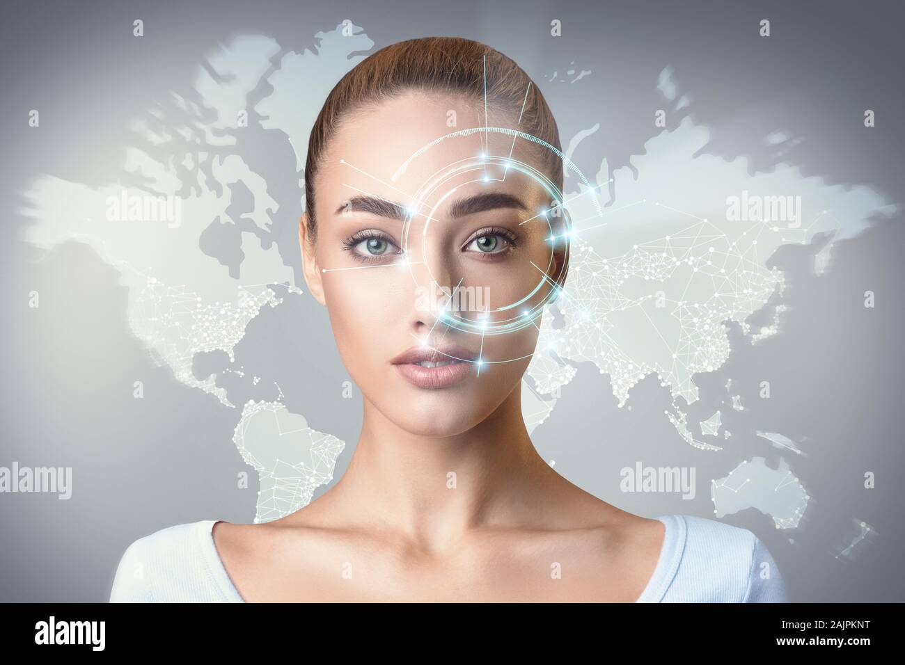 Pretty girl with laser circle over her eye on world map background, modern laser  eye surgery clinics Stock Photo - Alamy