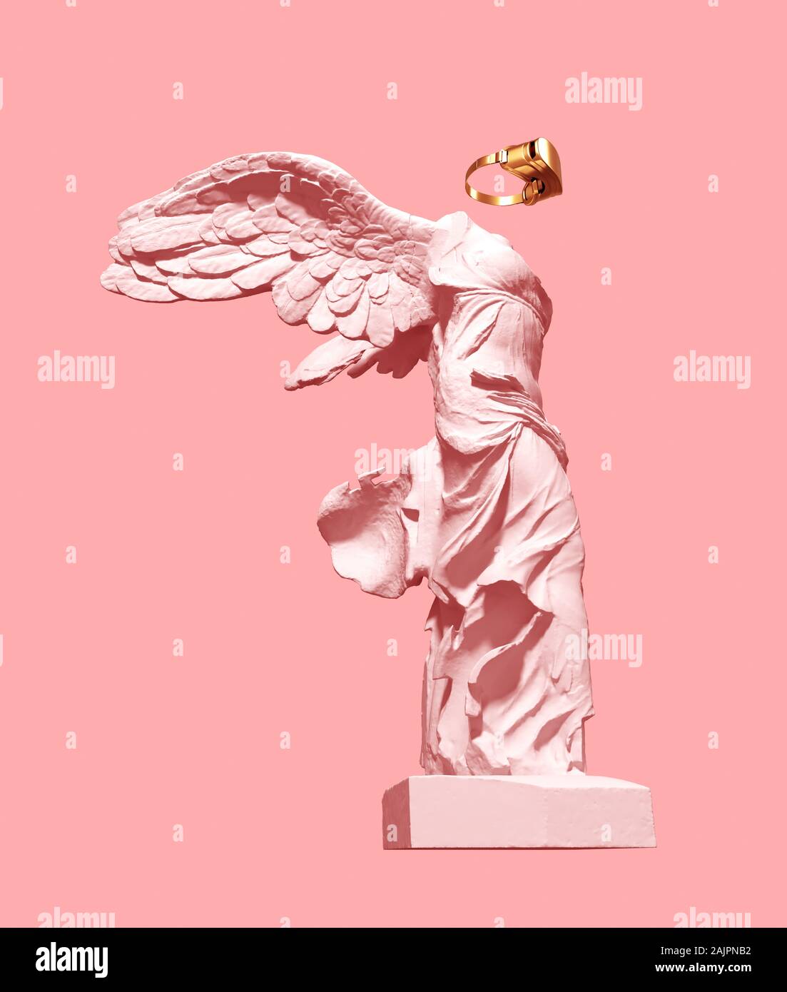 3D Model Of Winged Victory And Golden VR Glasses On Pink Background. Art Concept. Stock Photo