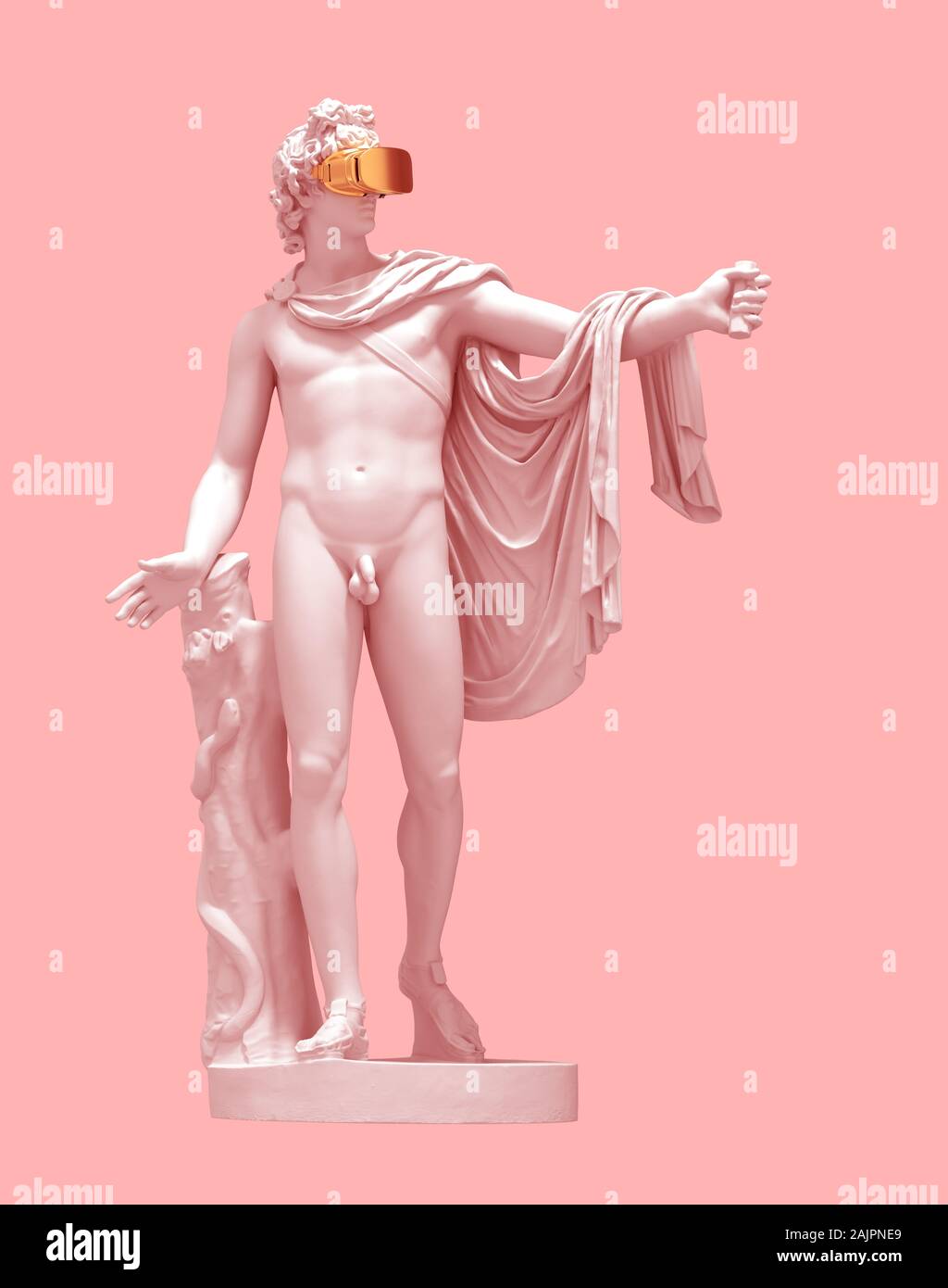 3D Model Apollo With Golden Virtual Reality Glasses On Pink Background. Concept Of Art And Virtual Reality. Stock Photo