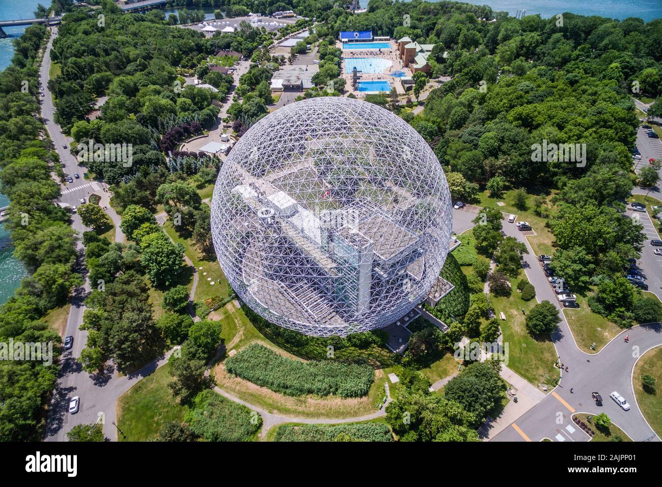 Aerial view of the Montreal Biosphere environment museum at Parc Jean-Drapeau in Montreal, Quebec, Canada. Stock Photo