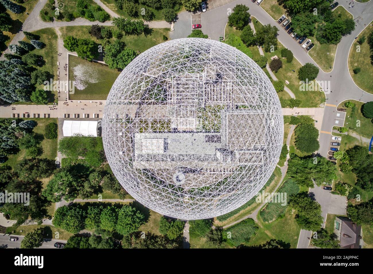 Top down aerial view of the Montreal Biosphere environment museum at Parc Jean-Drapeau in Montreal, Quebec, Canada. Stock Photo