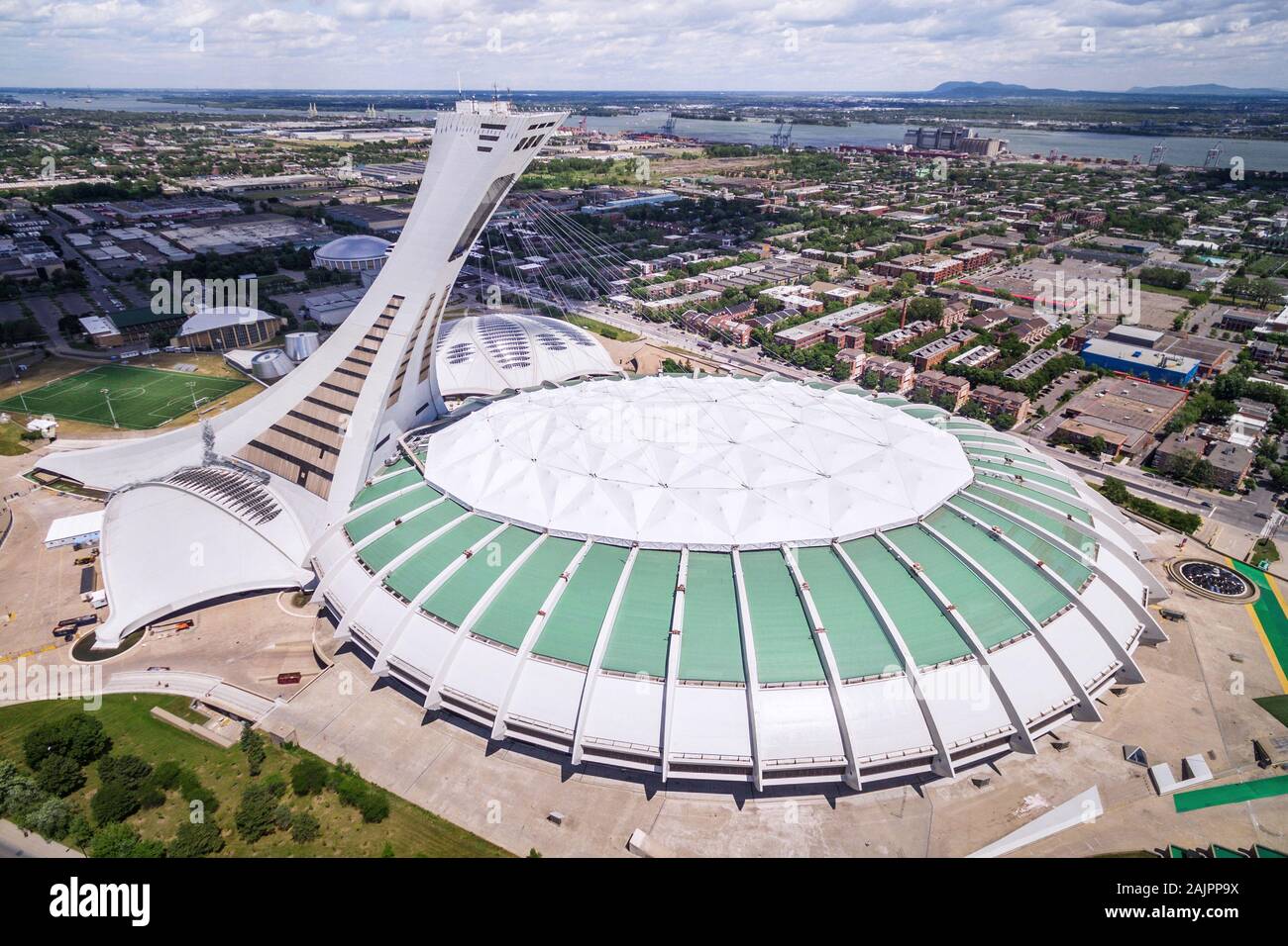 Aerial view of the Montreal Olympic Stadium in Montreal, Quebec, Canada. Stock Photo