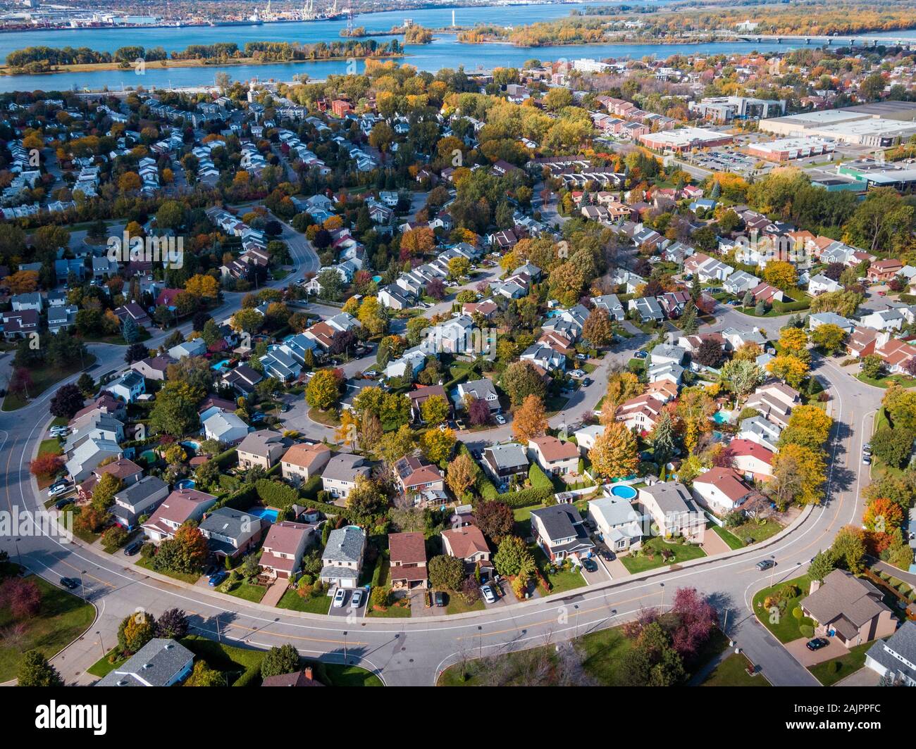 Montreal, Quebec, Canada, aerial view of family homes in typical residential neighbourhood during fall season. Stock Photo