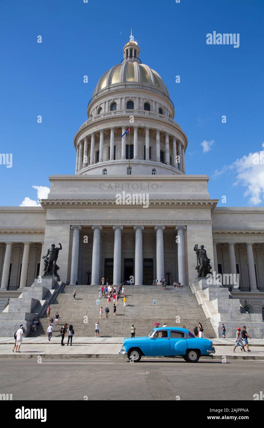 Capitol Building with Classic Old Car, Old Town, UNESCO World Heritage Site, Havana, Cuba Stock Photo