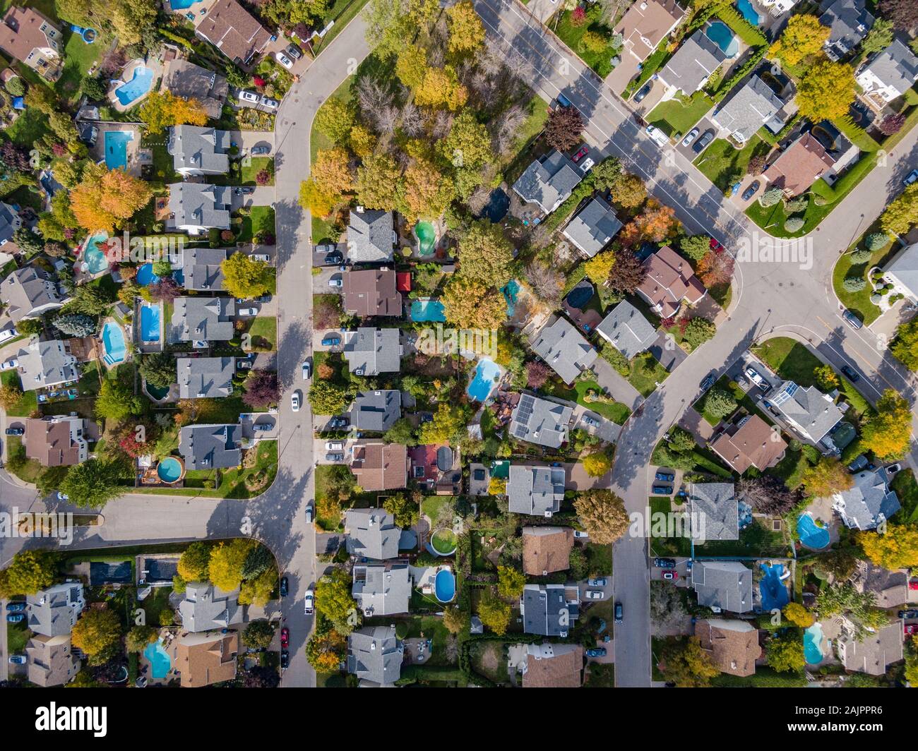 Aerial top down view of residential neighbourhood showing trees changing colour during fall season in Montreal, Quebec, Canada. Stock Photo