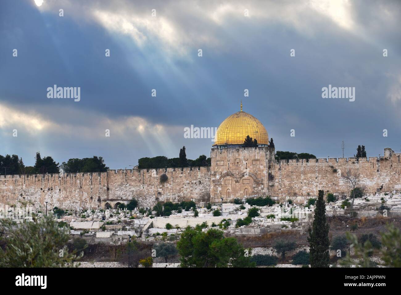 Golden Gate and Golden Dome two religieus holy Landmarks of Jerusalem captured in one image. Stock Photo
