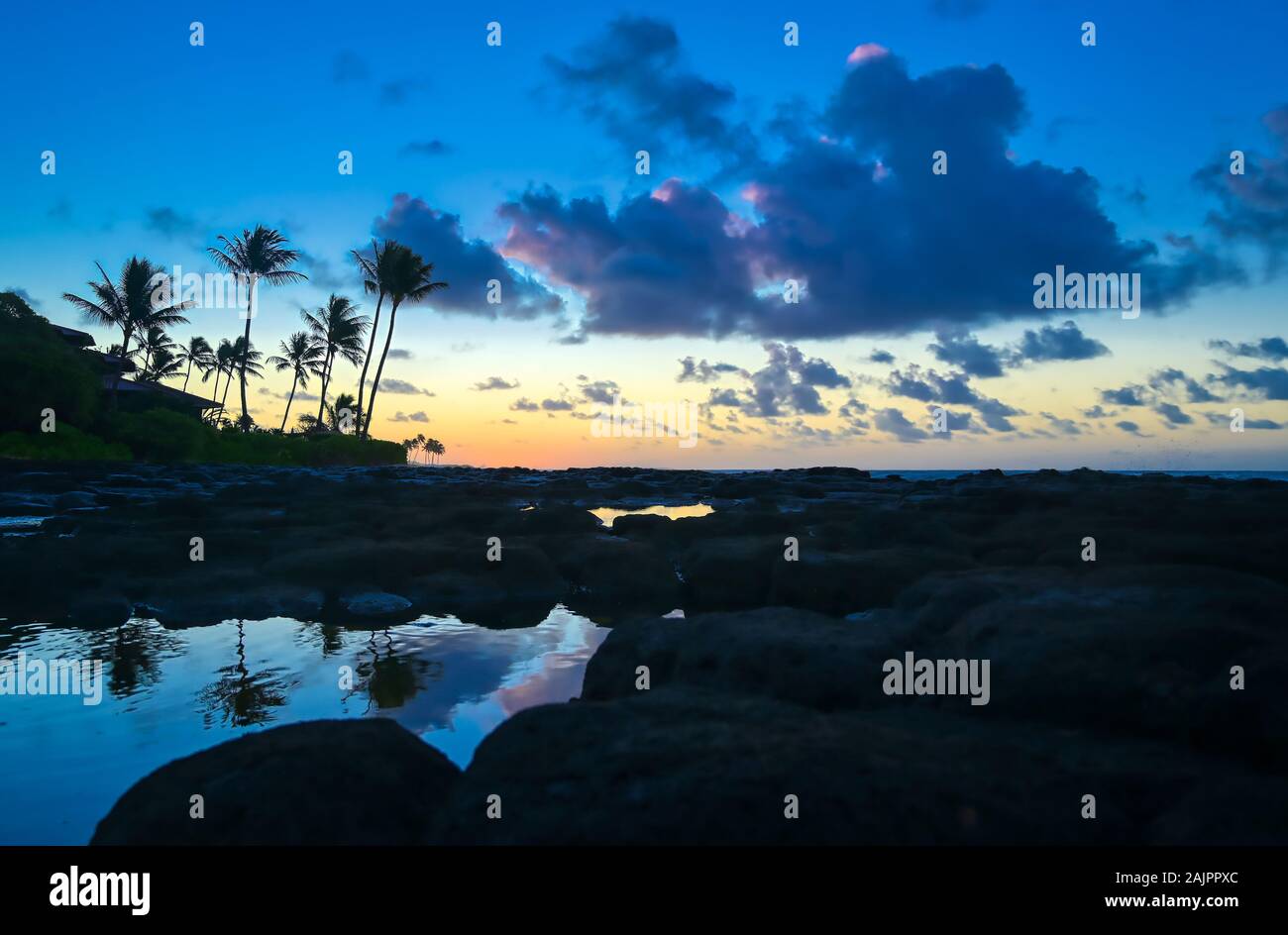 Sunrise over the coast of Kauai, Hawaii, Stock Photo