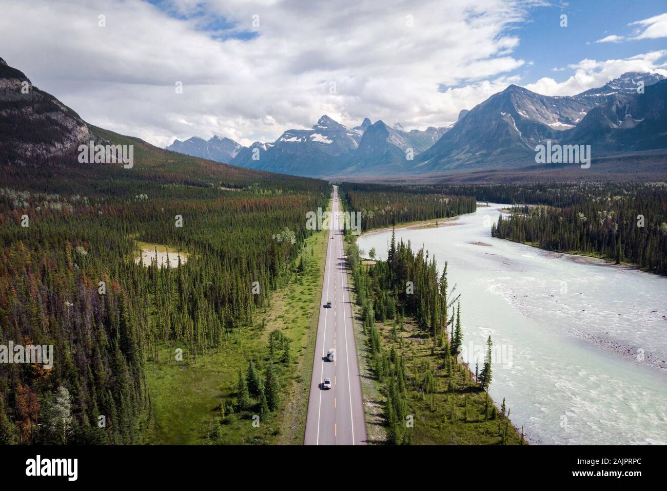 Aerial view of the famous Icefields Parkway road between Banff and Jasper National Parks in Alberta, Canada. Stock Photo