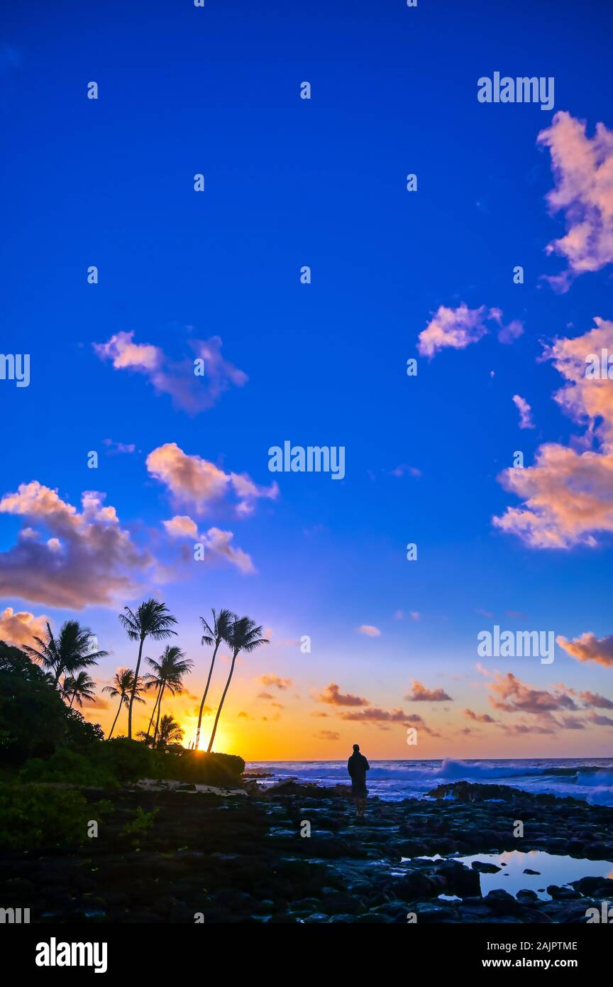 Sunrise over the coast of Kauai, Hawaii, Stock Photo