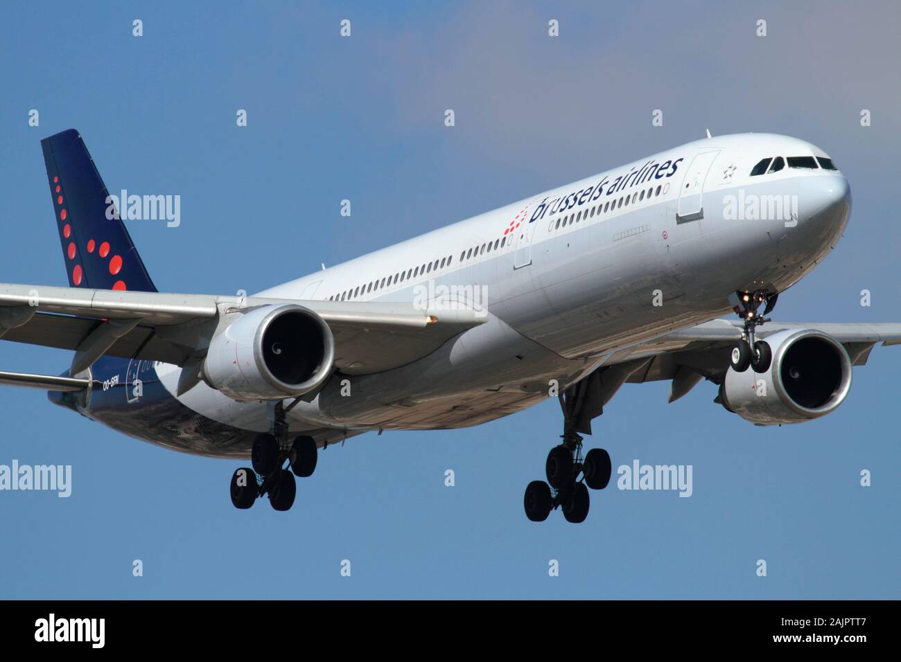 Brussels Airlines Airbus A330-300 widebody long haul passenger jet aeroplane on approach. Close-up view from the front quarter. Civil aviation. Stock Photo