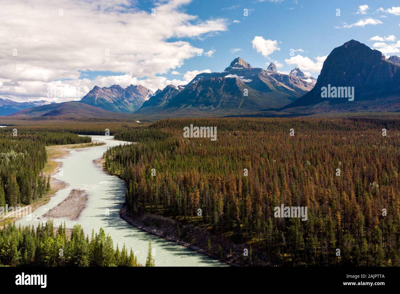 Aerial view of Banff National Park during summer, Canadian Rockies, Alberta, Canada. Stock Photo