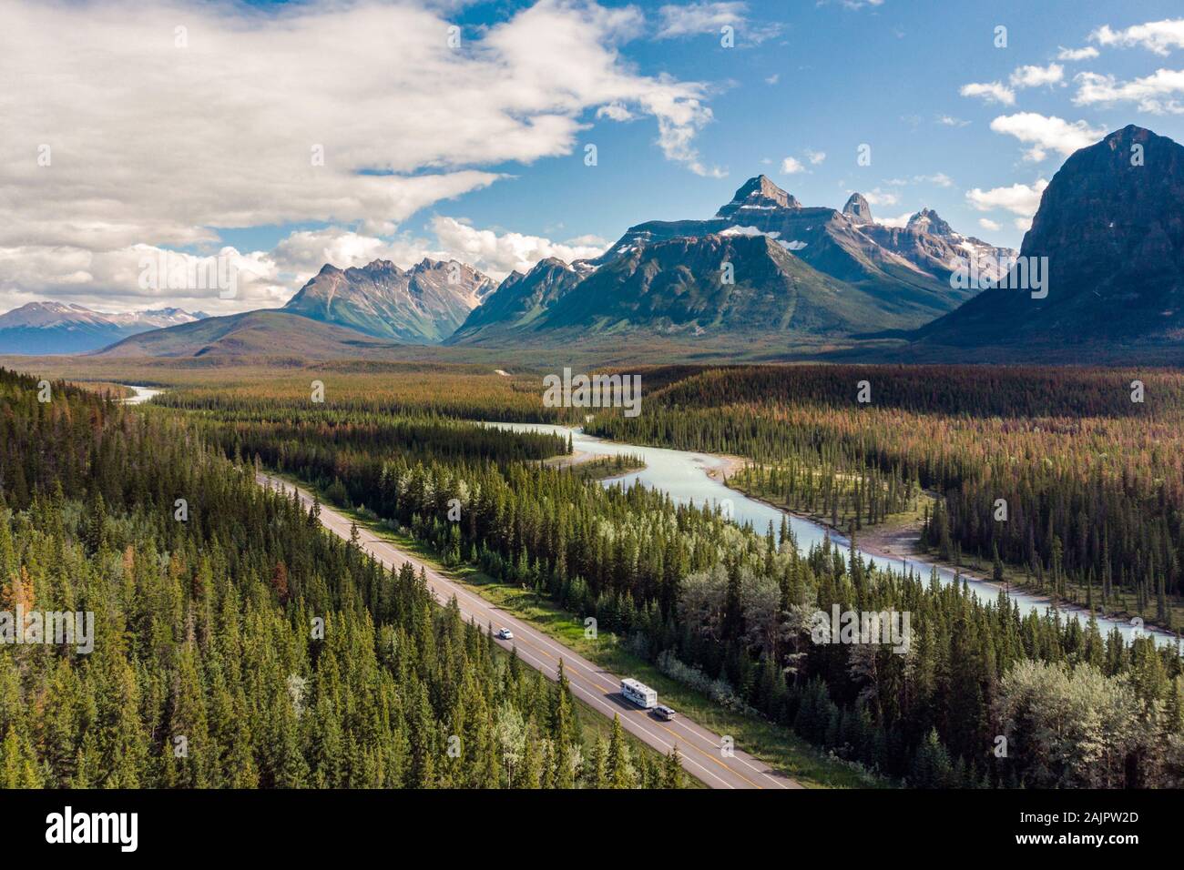 Aerial view of Banff National Park during summer, Canadian Rockies, Alberta, Canada. Stock Photo