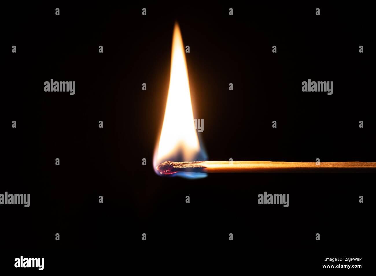 Safety match burns in front of isolated dark black background Stock