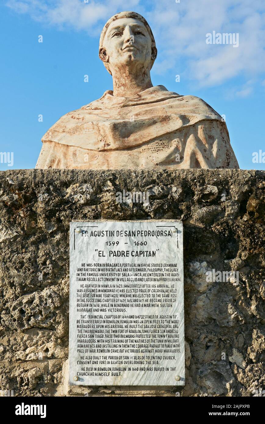 Romblon Town, Philippines: Memorial monument of Portuguese warrior priest Augustin De San Pedro at Spanish Fuerza (Fort) San Andres Stock Photo