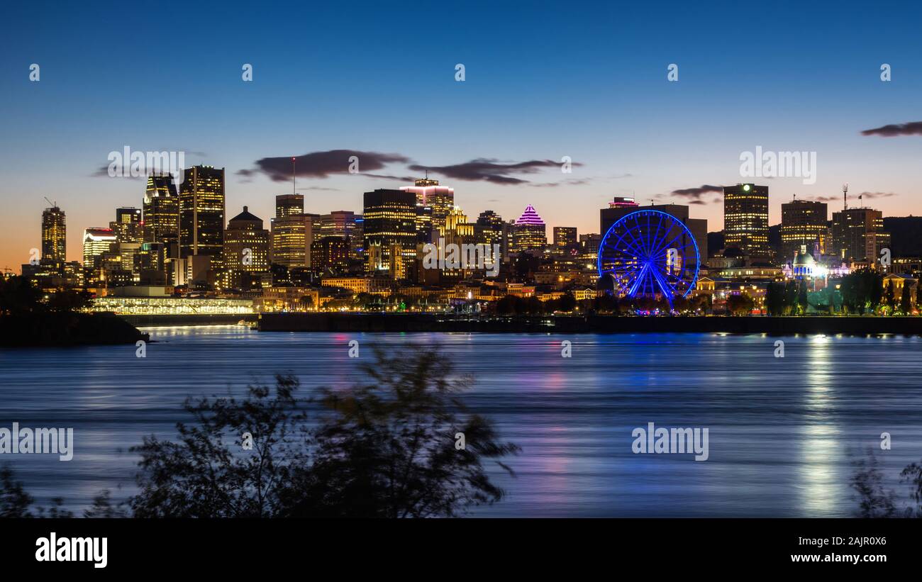 Montreal skyline showing downtown buildings at dusk in Montreal, Quebec, Canada. Stock Photo